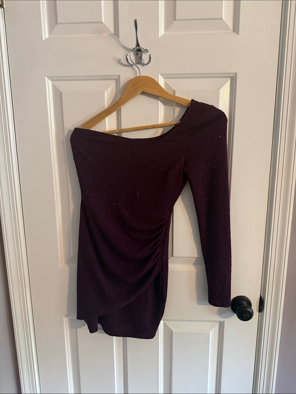 Windsor One-Shoulder Ruched Sparkle Dress in Plum
